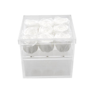 Clear Nine- 9 Preserved Roses in Clear Display - Juliet's Roses
